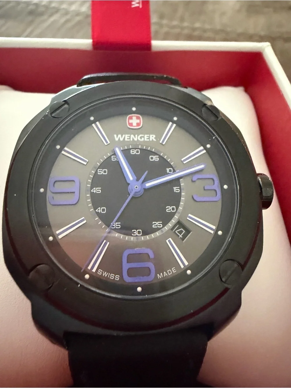 Wenger Black Watch with Blue Accents and Leather Strap